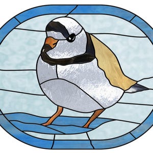 May include: Stained glass artwork featuring a bird with a white body, black markings, and a tan wing. The bird is set against a light blue background within an oval frame with a dark blue border. The bird has orange legs and a brown beak.