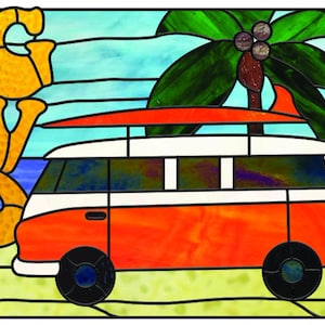 May include: A stained glass image of a vintage orange and white van with a surfboard on top. The van is driving on a beach with a palm tree and the word "GVO" in the background.