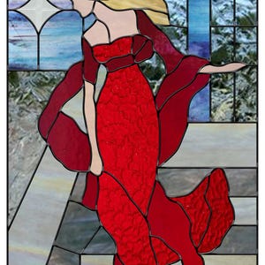 May include: Stained glass window depicting a woman in a red dress standing on a staircase. The woman has blonde hair and is looking to the left. The background is a blue and white stained glass design.
