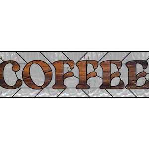 May include: A rectangular stained glass panel with the word "COFFEE" in large, wooden-look letters. The letters are brown with a wood grain pattern. The background is a textured, clear glass with a geometric design.