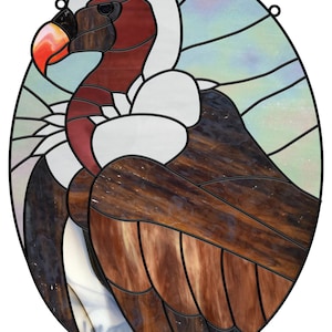 May include: Stained glass window depicting a brown and white vulture with a red beak and a blue and green background.