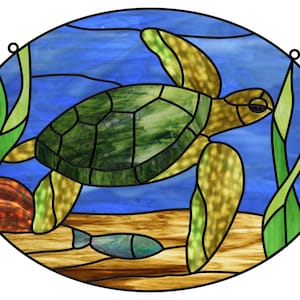 May include: A stained glass window depicting a green sea turtle swimming in blue water with green seaweed. The turtle has a brown shell and yellow flippers. A small blue fish is swimming below the turtle.