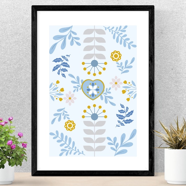 Light Blue Folk flower Printable art - vertical layout, Abstract Swedish Folk Art Wall Art for Nursery, Home Office or Gallery Wall