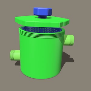 May include: A green plastic filter with a blue lid and a blue mesh screen inside. The filter has two side inlets and one outlet.