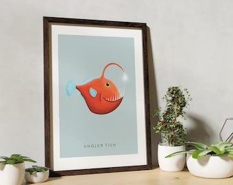 Angler Fish artwork, Ocean nursery gift, Kids room wall art, Under the sea room, Deep sea creatures, Toddler wallart