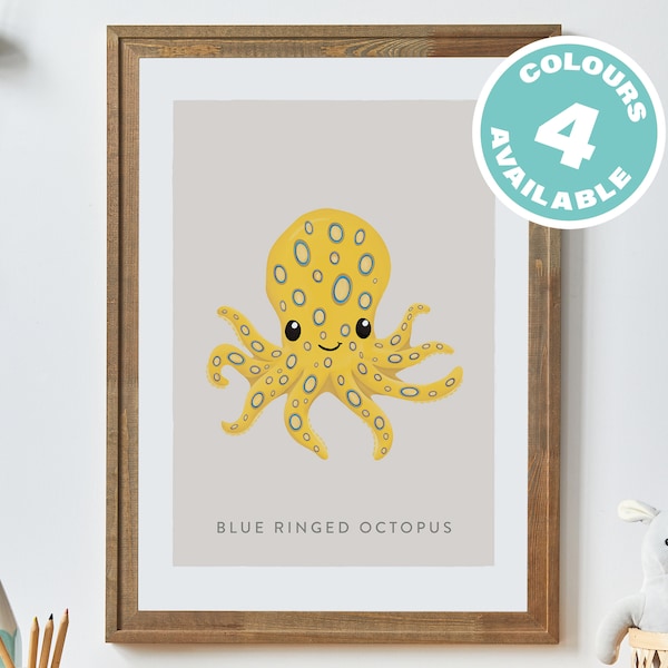 Blue Ringed Octopus print, Ocean animals nursery wallart, Kids animal decor, Playroom art, Personalised wall art, Cute deep sea creatures