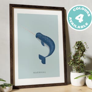 Stampa per bambini Narvalo, stampa murale Sea Unicorn Ocean, stanza per bambini sotto il mare, animali sottomarini, regalo per bambini piccoli, delfino