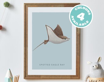 Ocean nursery print, Spotted Eagle Ray Wallart, Stingray wall art, Kids under the sea room, Cute underwater animals, Baby toddler gift