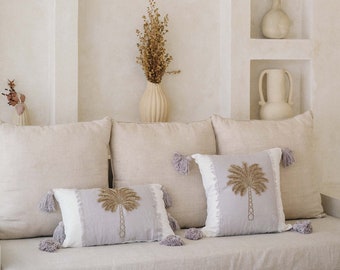 Premium linen cushion cover with palm tree and tassels