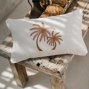 Linen Cushion with Embroidered Palm Trees Premium Quality White Pillow Case