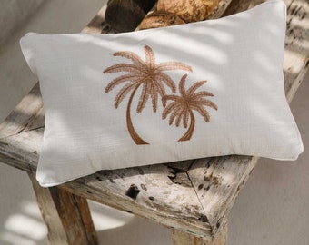 Handmade Linen Cushion Cover: Embroidered Palm Trees, Coastal Decor (30x50cm)