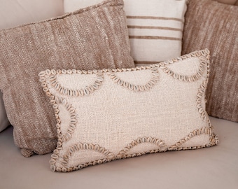Boho Cushion Cover in Raw Cotton and Shells - Beige Bohemian Style Unique Pillow Case