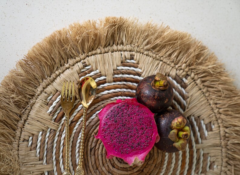 Ethnic Pattern Placemat, Round place mat, Boho, Natural, Sustainable, Raffia table mat image 2