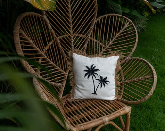 Palm Trees Cushion Cover With Jute Fringes Tropical Boho Chic Coastal