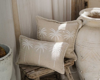 Premium beige linen cushion cover with embroidered palm trees