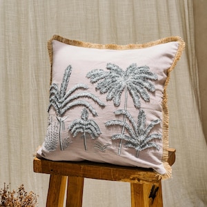 Lilac palm cove linen cushion cover with jute fringes