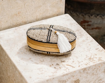 Oval Bamboo Beaded Box - Bamboo Decorative Box, Keepsake box with lid, Handmade Balinese Jewelry Box, Hand Woven Bamboo