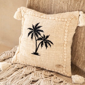 Raw cotton cushion cover with palm trees and shells image 2