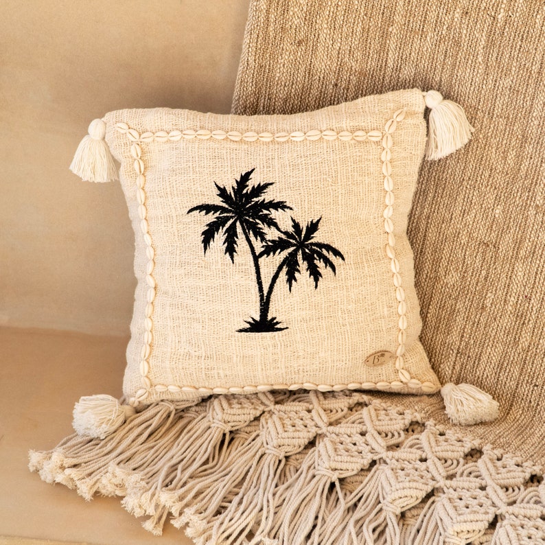 Raw cotton cushion cover with palm trees and shells image 1