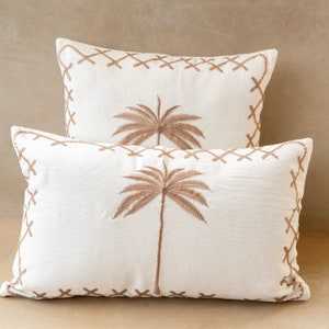 Cream Cotton Cushion Cover With Palm Tree Tropical Boho Chic Coastal