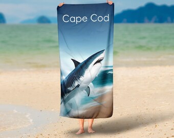 Cape Cod Beach Towel Plush Cotton Blend Towel Great White Shark Graphic Cape Cod Souvenir Kids Camp Towel Souvenir, Kids Birthday Gift