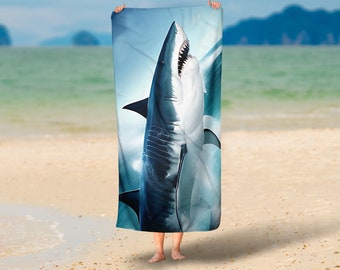 Plush Polyester Cotton Blend Beach Towel, Holiday Souvenir, White Shark Graphic, Kids Beach Towel, Gift for Her, Gift for Him