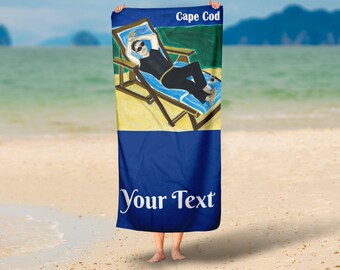 Personalized Dad Lounging Cotton Blend Beach Towel Man on a Beach Recliner Graphic Cape Cod Souvenir Father's Day Gift Birthday Gift for Him