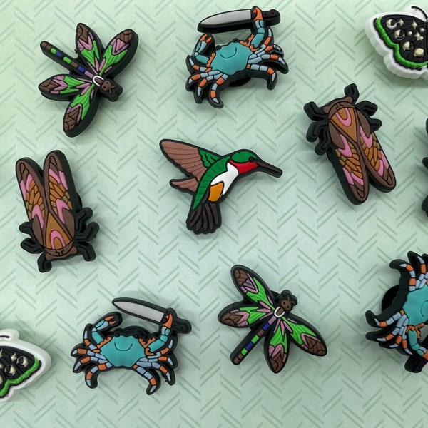 Kolibri-Schuh-Charm – Vogel-Schuh-Charm – Insekt-Schuh-Charm – Zikade-Schuh-Charm – Libelle-Schuh-Charm – Krabbe mit Messer-Schuh-Charm – Käfer