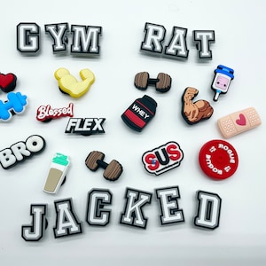 Gym weight lifting shoe charms -body builging charms-gym rat charms- lifting charm -sports theme shoe jibs - weights - protein-whey-pumps