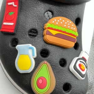 burger shoe charms,-BBQ-Picnic-food jibs- Food shoe charms, snacks charm, veggies, fruit, guacamole - cupcakes-burgers- fast food ice cream