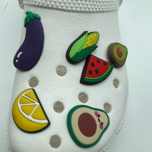 veggie shoe charms,-fruit-food jibs- Food shoe charms, snacks charm, veggies, fruit, corn, watermelon, acacado, lemon  shoe charm