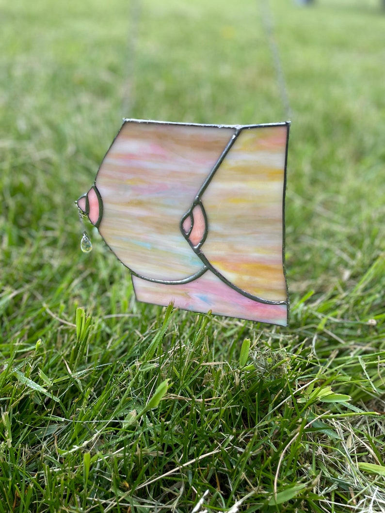 Boobies Suncatcher, Naked Woman Stained Glass Panel Portrait Girl Anatomy Art Pendant Window