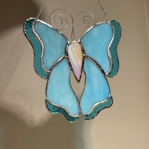 Blue Butterfly Irridescent stained glass window hangings Mothers Day gift Fairy garden decor Custom stained glass butterfly suncatcher