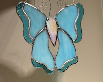 Blue Butterfly Irridescent stained glass window hangings Mothers Day gift Fairy garden decor Custom stained glass butterfly suncatcher