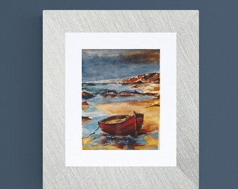 Landscape with boat, watercolor painting, sea, furniture, gift, hand painted