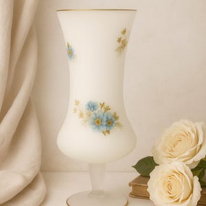 Vintage Fenton Satin Glass Vase: Hand-Painted Blue Wildflowers, Gold Trim