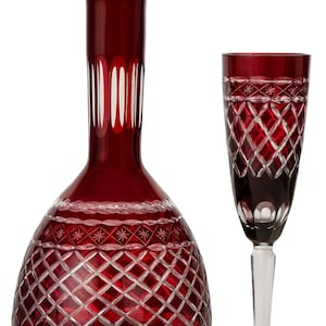 Cranberry Bohemian Cut-to-Clear Crystal Decanter & Matching Wine Glass – Vintage Hand-Cut Elegance