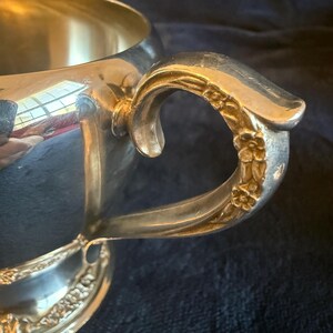 May include: A silver-colored cup with a decorative handle featuring floral detailing. The cup's interior reflects light, and the handle curves gracefully. The cup sits on a dark blue surface.