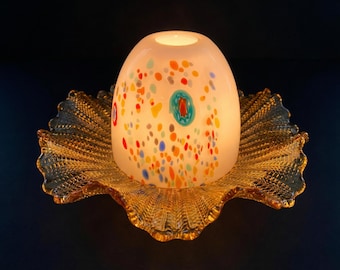 1995 Murano Millefiori Glass Lamp Shade, Amber Ruffled Dish, Tealight Holder