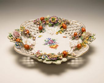 Antique Von Schierholz Dresden Porcelain Centerpiece Bowl - Hand-Applied Floral Encrusted - Reticulated Lace Victorian c.1880–1900