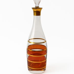 Bohemia Crystal Decanter with Gold Rim & Cranberry Ring Detail – 17” Tall, Vintage Elegance