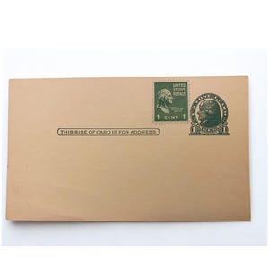 Cartolina postale vintage da 1 centesimo di Jefferson + francobollo di Washington del 1938 / Inutilizzata / Quasi perfetta