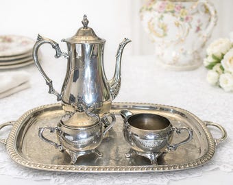 Vintage silverpläterad teservis med bricka, 3-delad kaffeservis, internationell silvertekanna, Eales silverbricka, viktoriansk teservis