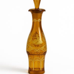 Vintage Amber Bohemia Cut-to-Clear Glass Decanter with Stopper