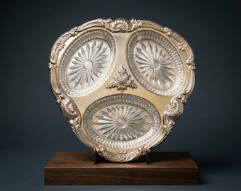 May include: A silver-toned serving tray with three oval compartments, each featuring a starburst design. The tray has ornate detailing around the edges and is displayed on a wooden stand. The background is a dark gray.