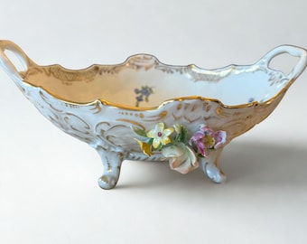 Antique Dresden Porcelain Floral Bowl with Applied Roses & Gold Gilding – Hand-Painted, Germany