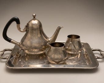 Juego de té antiguo inglés "Palace Plate" grabado a mano con bandeja, juego de tetera victoriana de plata, mango de madera ebonizada, juego de servicio selecto