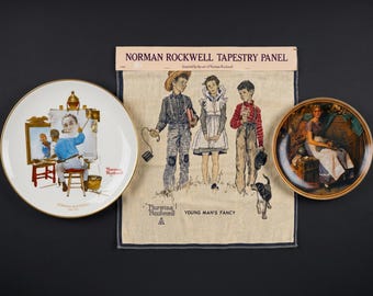 Norman Rockwell Sammler Bündel | Dreifache Selbstporträtplatte, wiederentdeckte Frauenplatte & NOS-Wandteppich | Americana Dekor