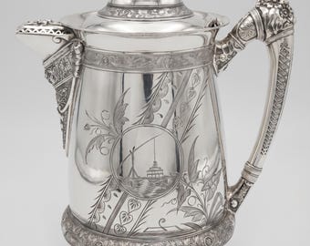 Antique Winsted Silver Plate Co Hot Water Urn – Triple Plate No. 1000 – Victorian 1870s Engraved Harbor Scene – Large Silver Server