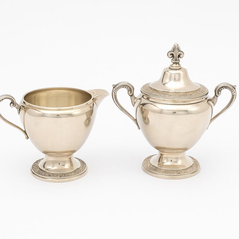 May include: A silver-colored creamer and covered sugar bowl set. The creamer has a spout and handle. The sugar bowl has a lid with a decorative finial and two handles. Both pieces have a decorative band around the base.